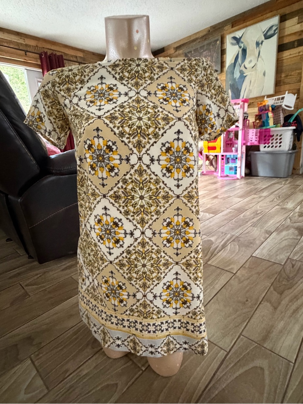 Lulu's Beige & Yellow Floral Tile Shift Dress